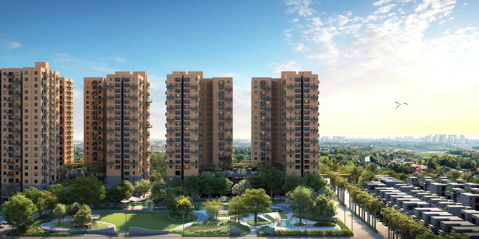 Aerial render showing apartment towers and villas at Vinayak 21 Acres