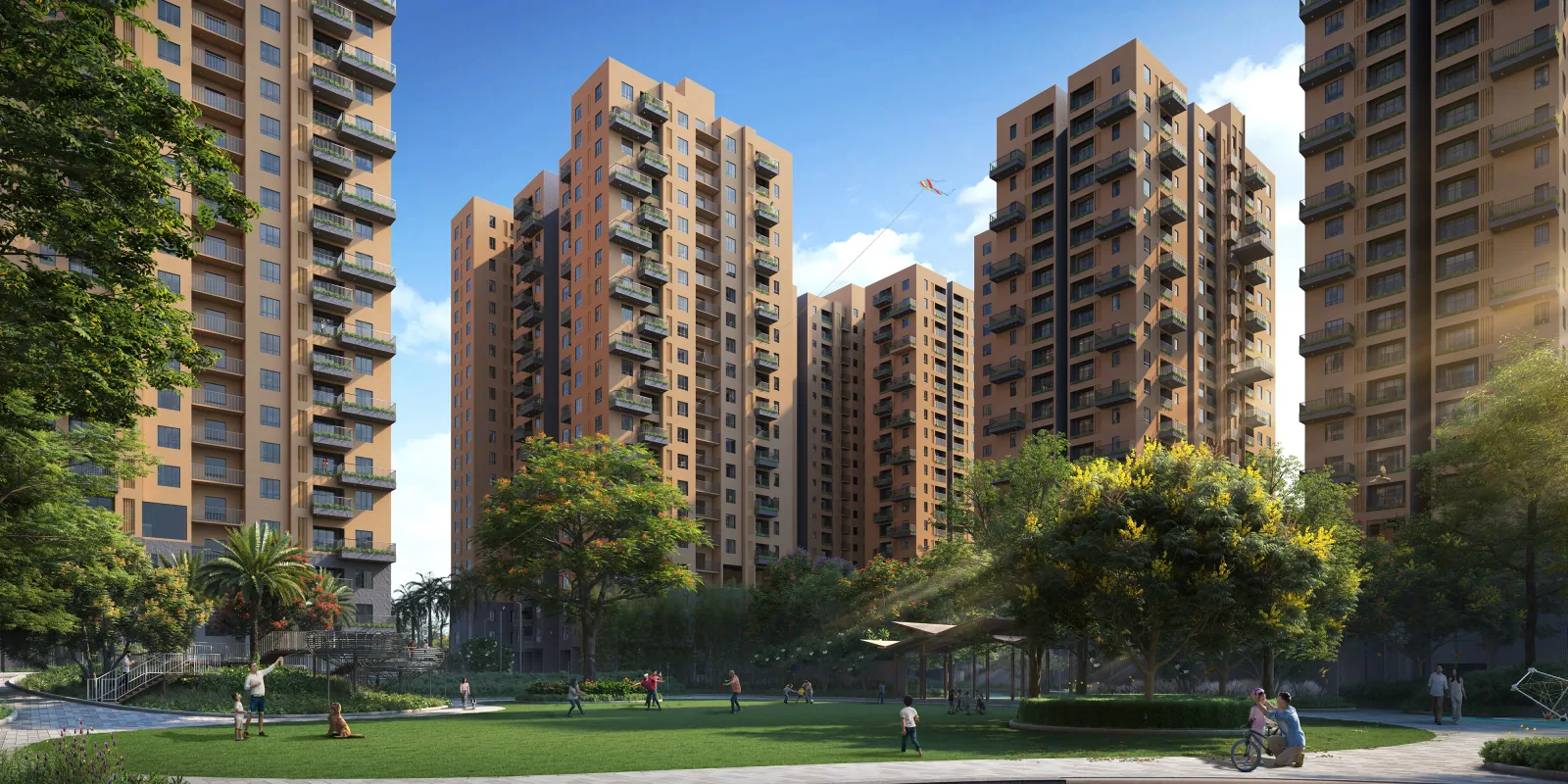 3-Acre Central Park at Vinayak 21 Acres with apartment towers behind