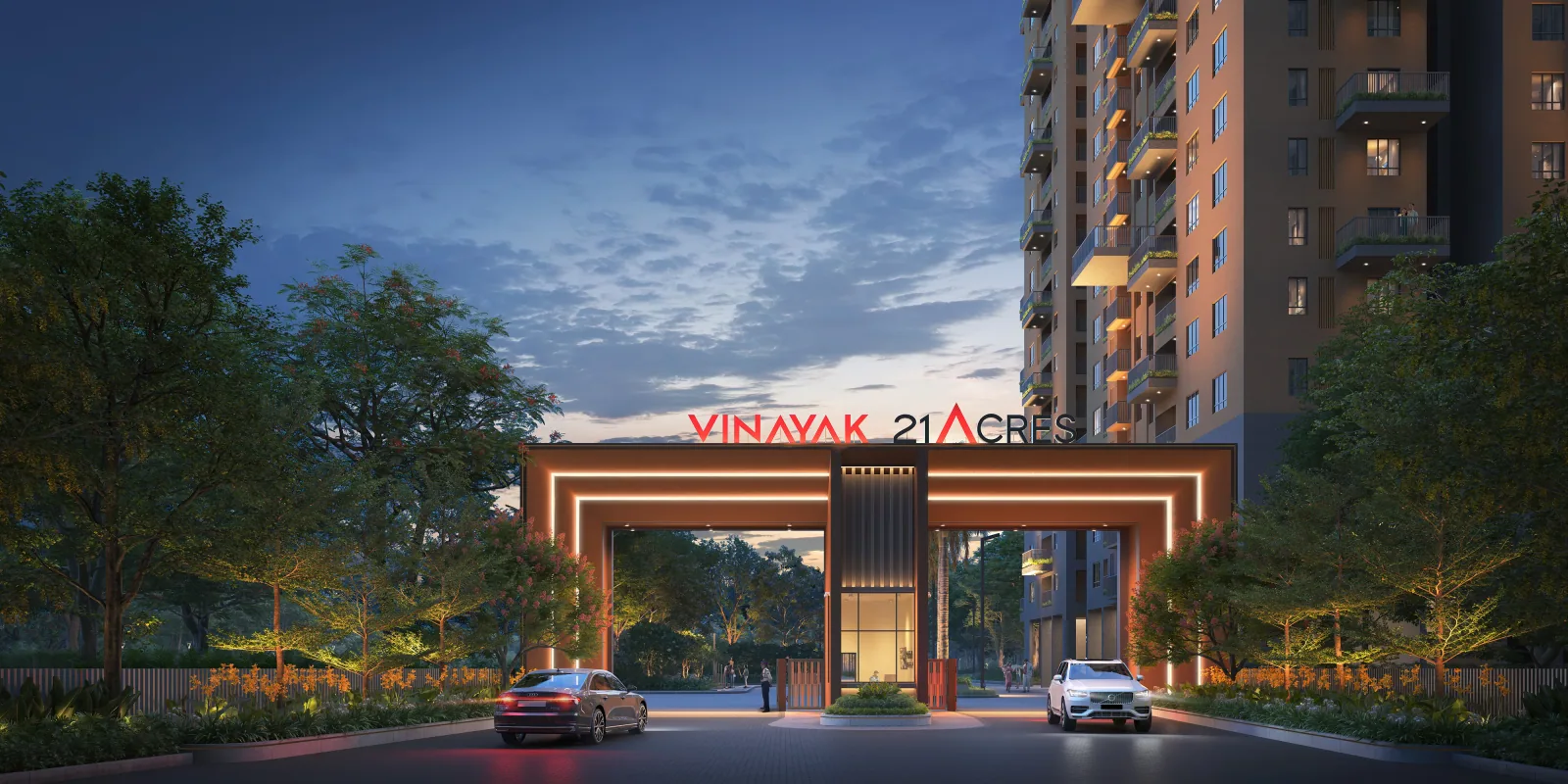 Main entrance gate of Vinayak 21 Acres at twilight
