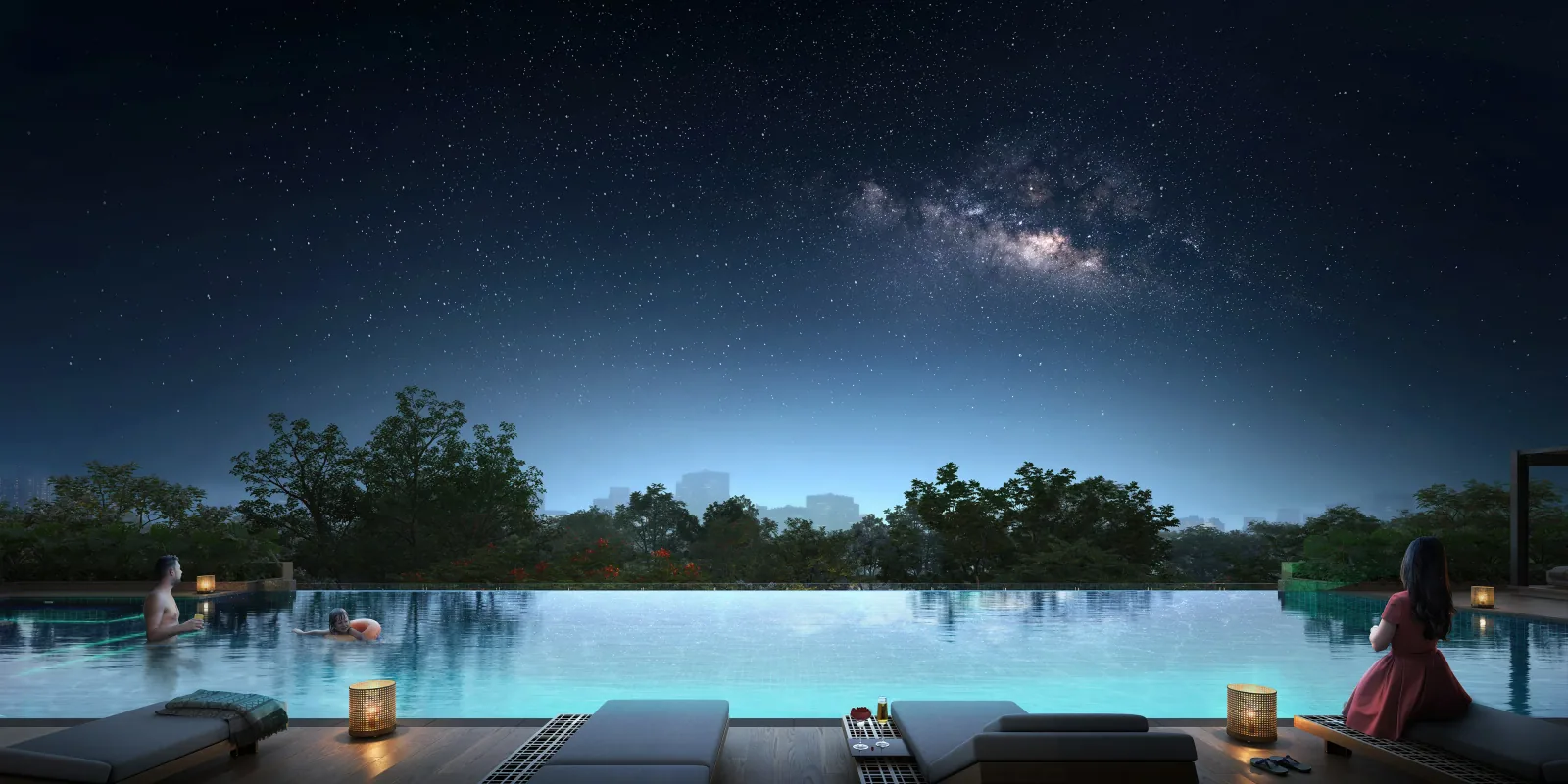 Infinity swimming pool and podium deck at night, Vinayak 21 Acres