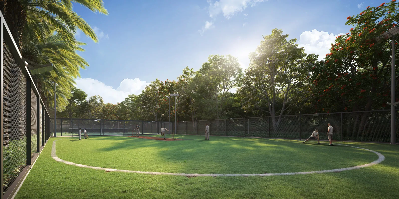 Open-air sports ground with cricket practice net, Vinayak 21 Acres