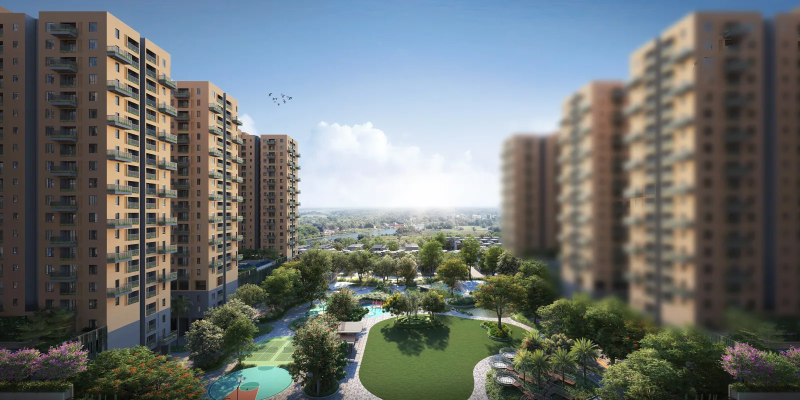 Tower 2A/2B/2C elevation render — Vinayak 21 Acres, New Town Action Area III