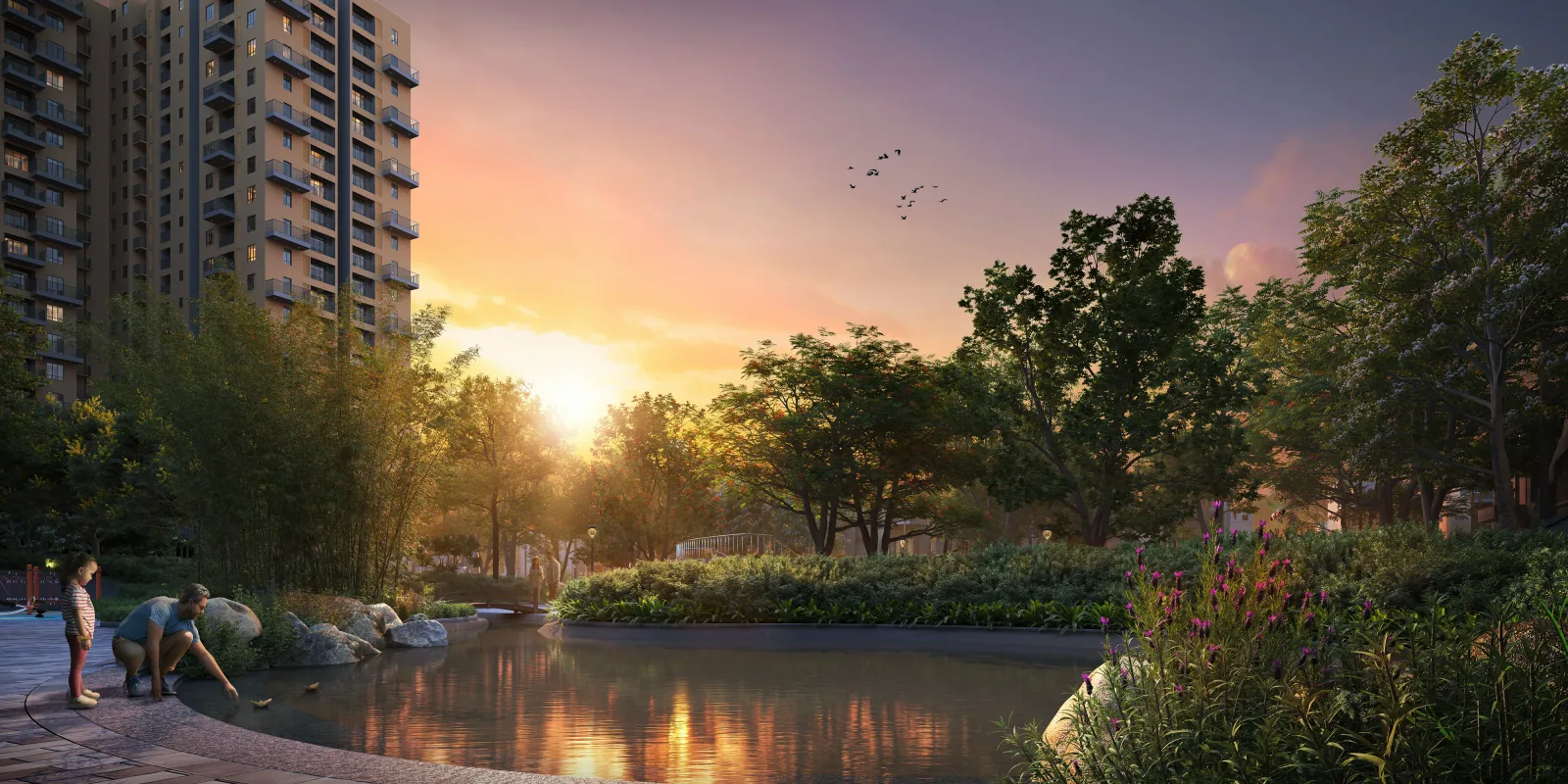 Water feature and kids' play area at dusk, Vinayak 21 Acres