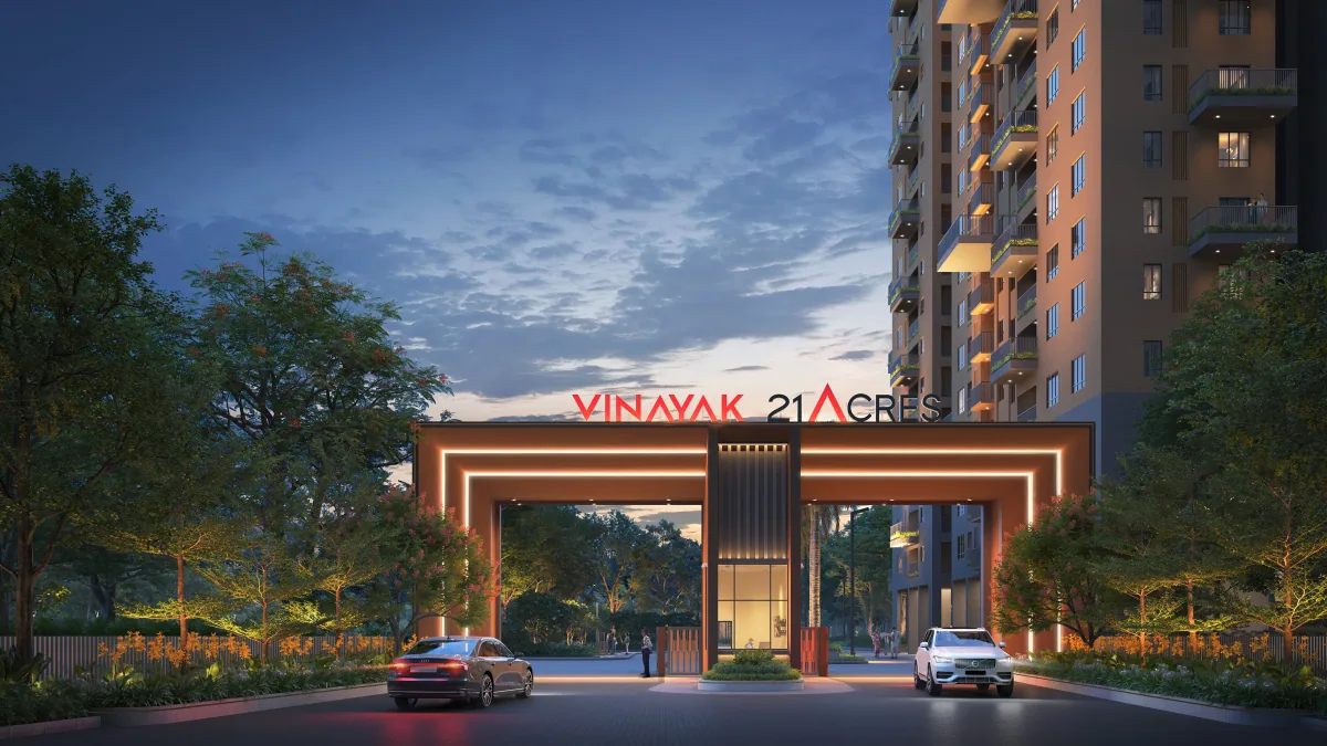 Main entrance of Vinayak 21 Acres at twilight, New Town Action Area III